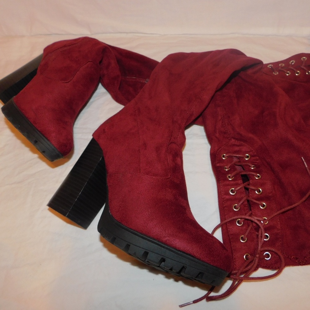 Burgundy Over The Knee Tie Up Boots